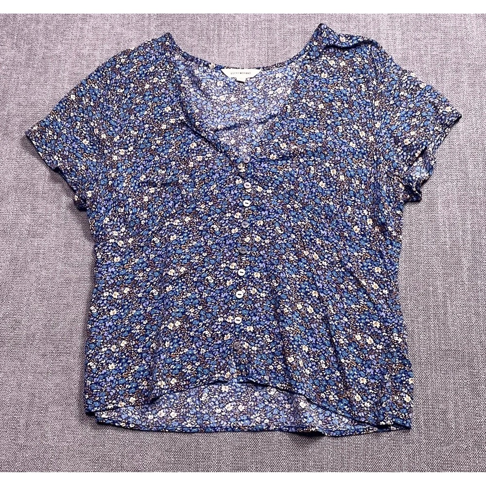 Lucky Brand Blouse Top Women Large Blue Floral Short Sleeve Button Front Cropped